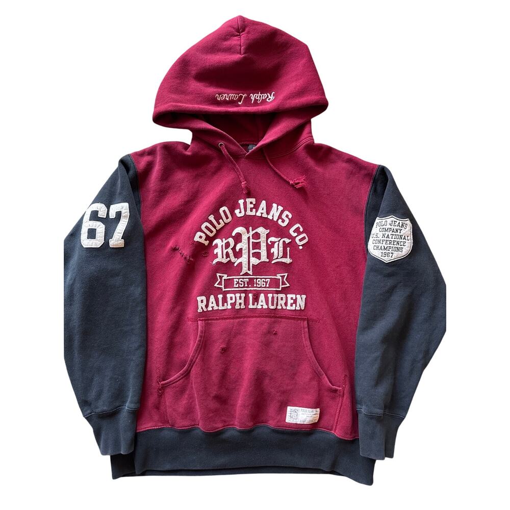 Polo Jeans Co. Ralph Lauren Emb. Felt Logo Two Tone Burgundy Black XL Hoodie